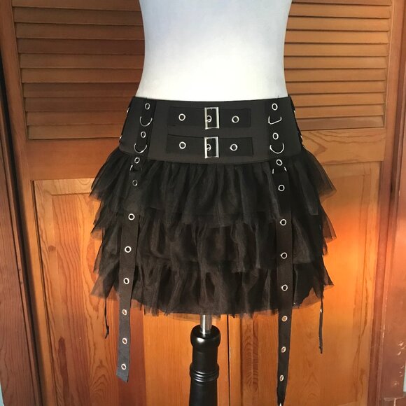 Goth Punk Visual Kei Black Buckle & Strap Ruffle Mini Skirt S - Picture 3 of 11